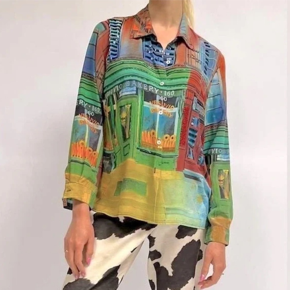 Nicole Taylor Vintage Silk Multicolor Graphic Artsy Button Long Sleeve ShirtNWOT